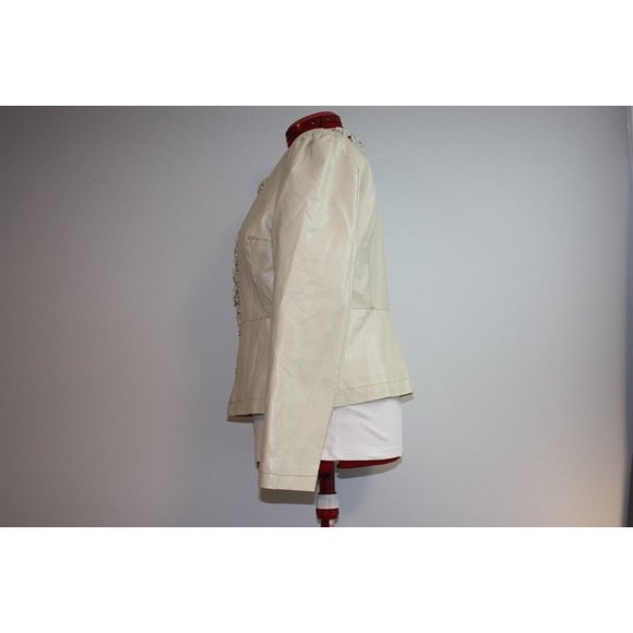Revue Faux Leather Women's Short Waist Jacket Frills and Studded Ivory XL - Picture 2 of 10